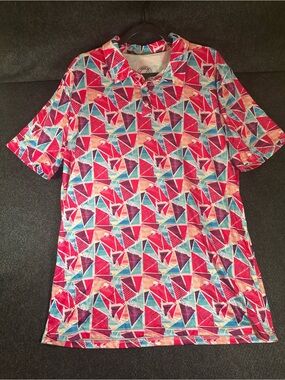Proud 90 Golf Polo Shirt Mens Geometric Print Performance Stretch Pink Blue XL